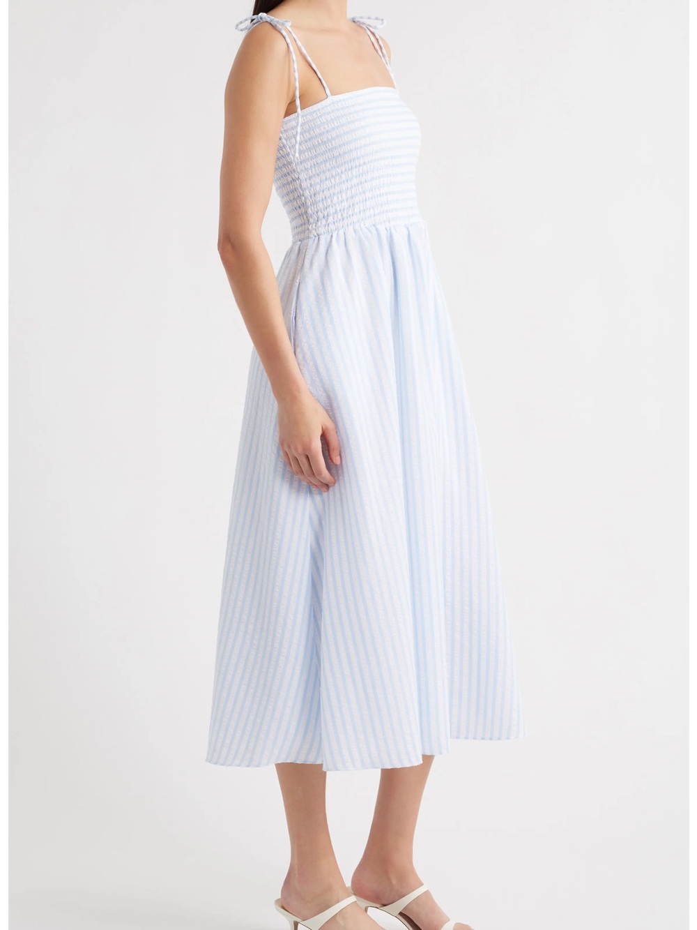 Julia Jordan Seersucker Light Blue & White Striped Smocked Midi Dress - Picture 3 of 6